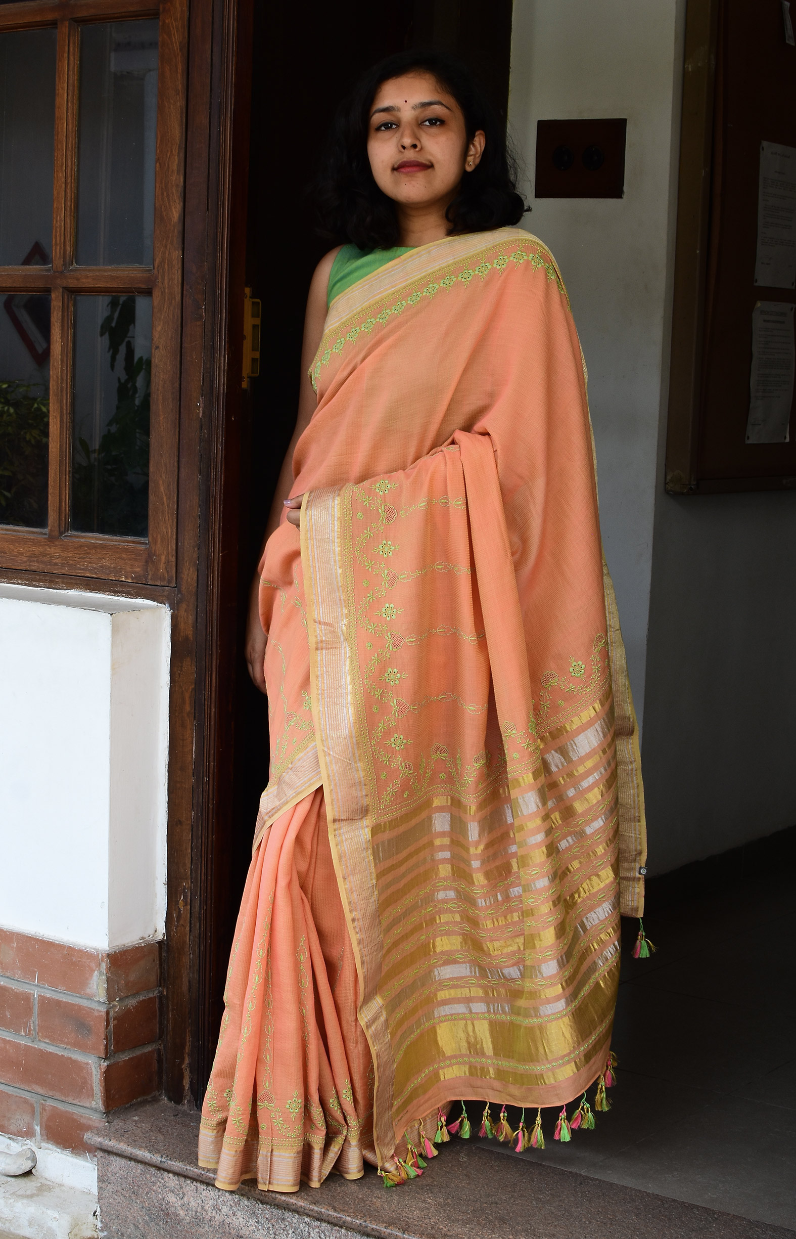 Orange, Handwoven Organic Cotton, Textured Weave , Hand Embroidery, Occasion Wear, Jari, Chikankari Saree
